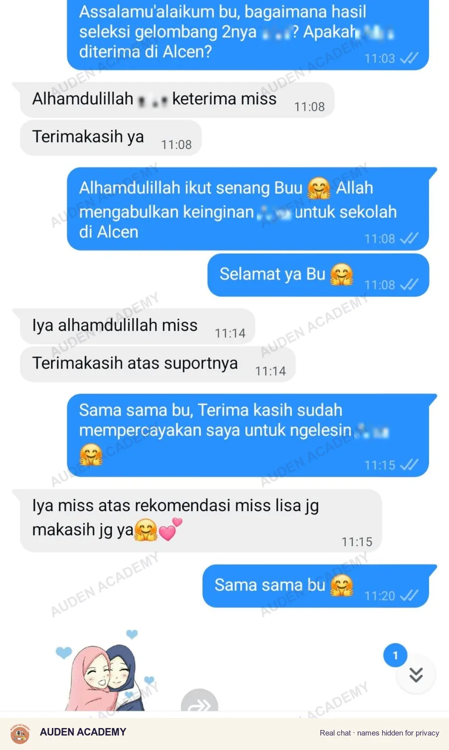 WhatsApp message from a parent: Alcen Admission, Accepted · Second round