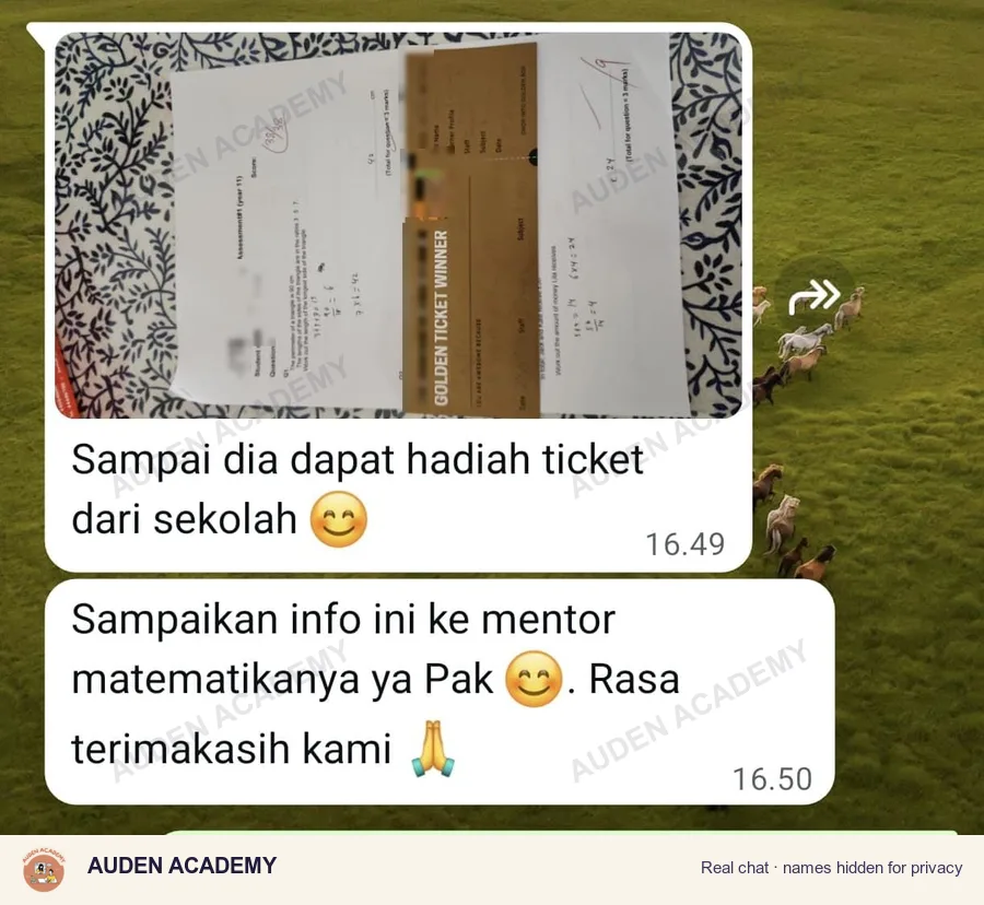 WhatsApp message from a parent: Year 11 Key Assessment, Full marks + Golden Ticket