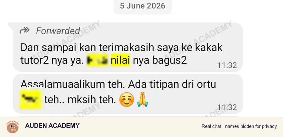 WhatsApp message from a parent: School Report, "His grades are all good"