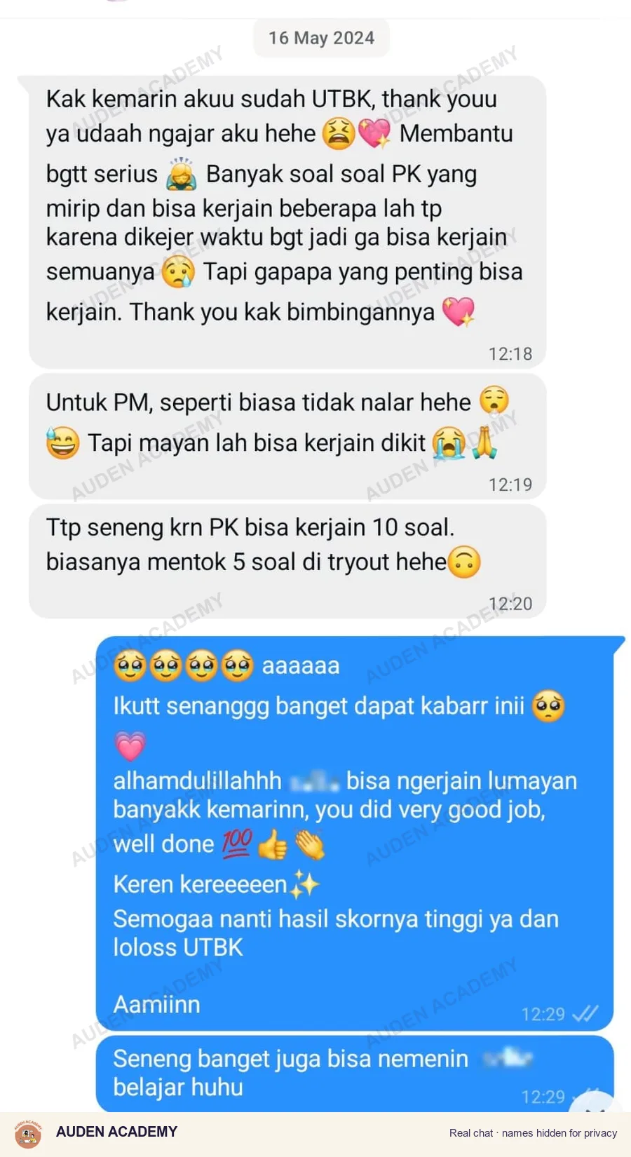 WhatsApp message from a student: UTBK, 10 PK questions solved, up from 5