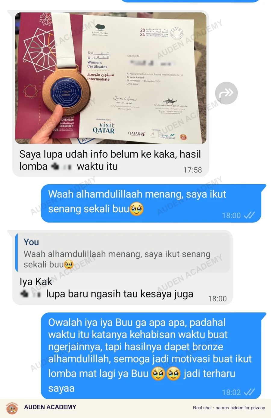 WhatsApp message from a parent: World Math Team Championship, Bronze · Doha 2024